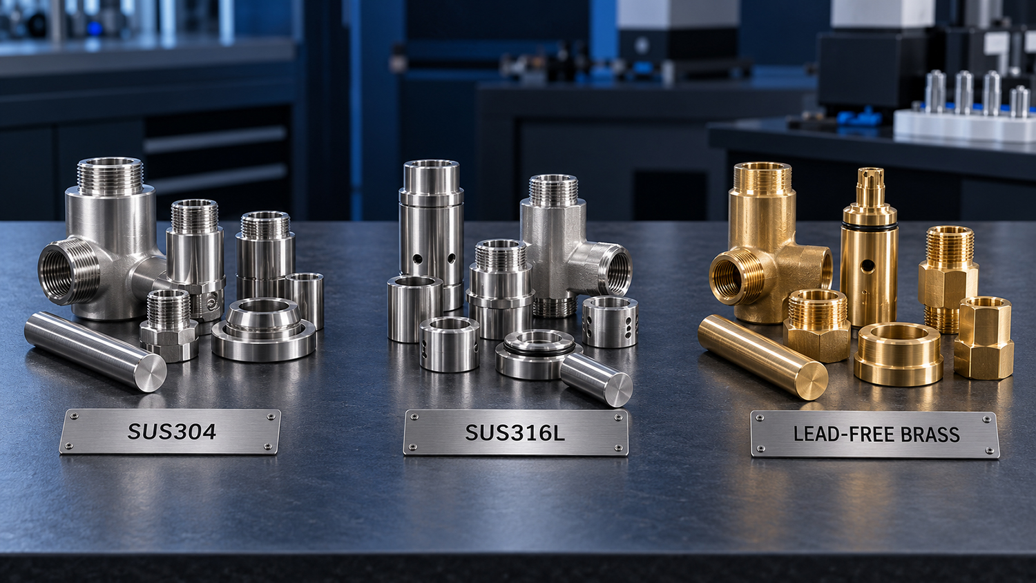 SUS304, SUS316L and lead-free brass component material samples