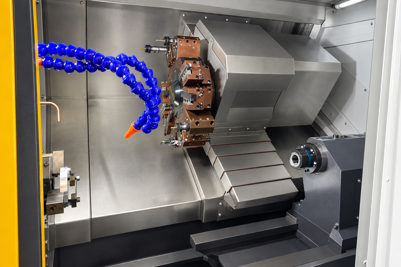 CNC turning tools and coolant nozzles inside a precision lathe